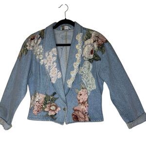 Vintage 80’s Jeri Stevens Jean Jacket with Lace & Brocade Floral Appliqué Size L